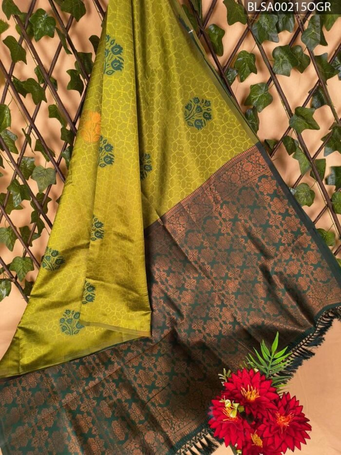 Bright Olive Green Semi Soft Silk Saree with Rich Dark Brown Border and Floral Motifs - Image 1
