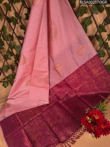 Pink Semi Soft Silk Saree with Rich Purple Border and Beautiful Motifs