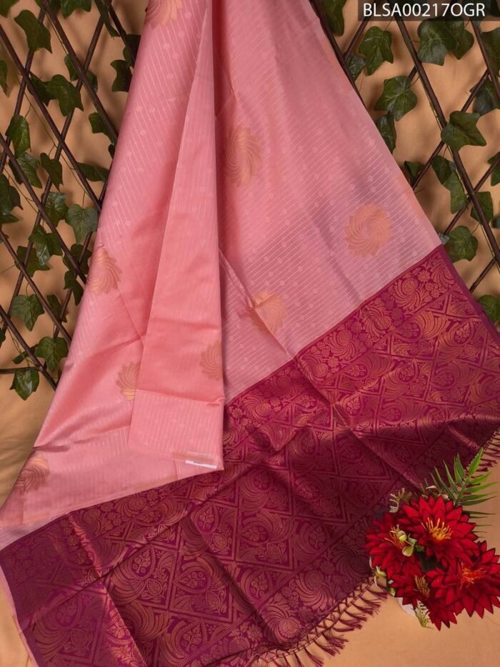 Pink Semi Soft Silk Saree with Rich Purple Border and Beautiful Motifs - Image 1