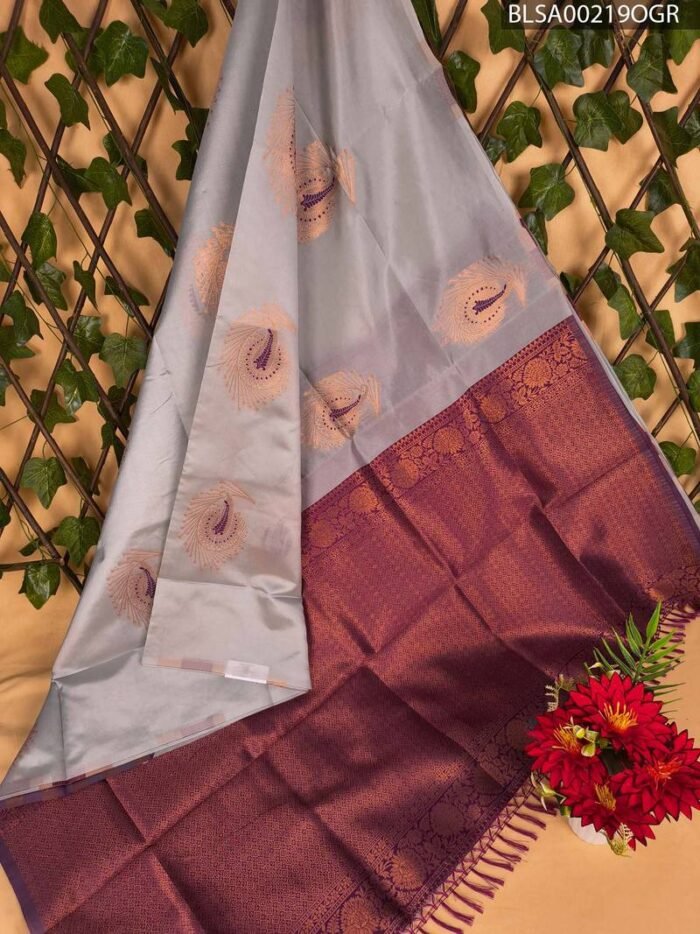 Gorgeous Grey and Maroon Semi Soft Silk Saree with Beautiful Motifs and Rich Pallu - Image 1