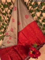 Beige and Red Semi Soft Silk Saree with Floral Motifs and Rich Pallu