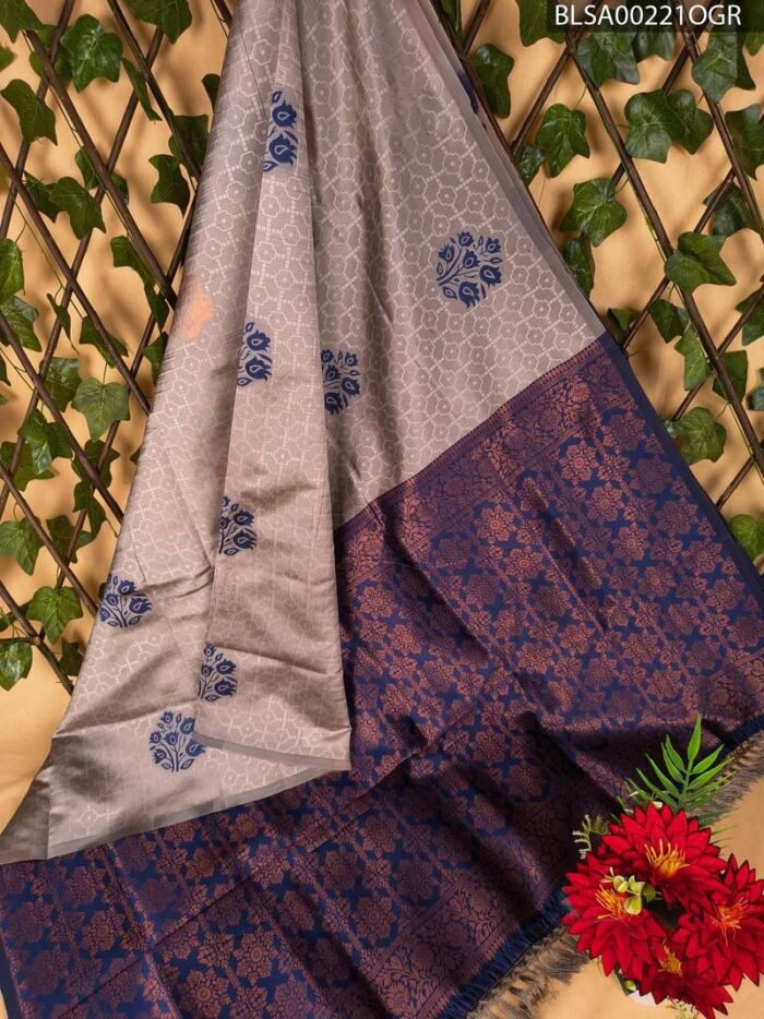 Trendy Grey and Navy Blue Semi Soft Silk Saree with Floral Patterns and Rich Border - Image 1