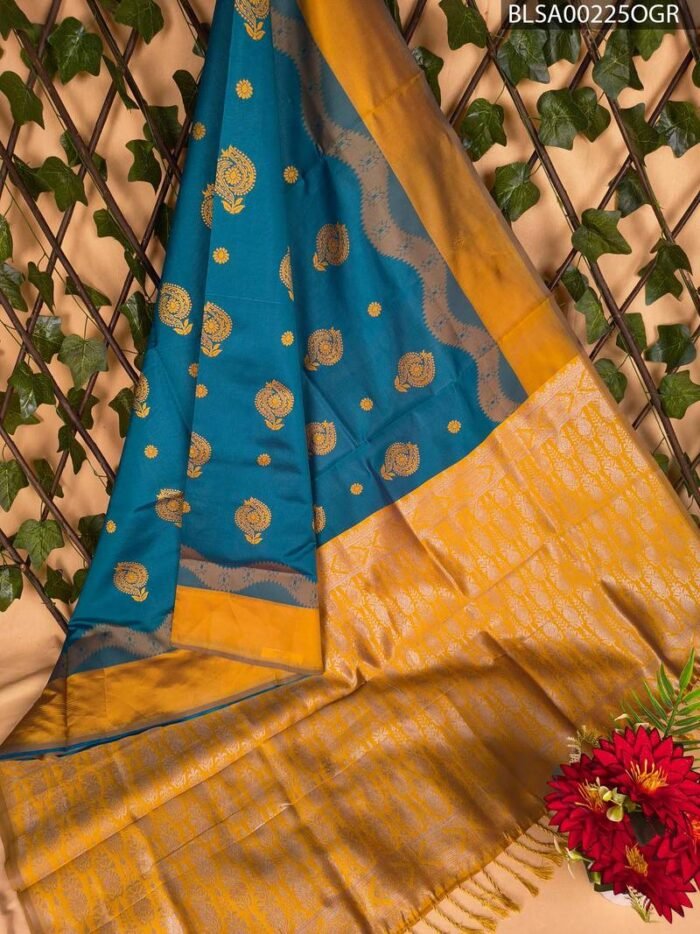Teal and Gold Semi Soft Silk Saree with Floral Motifs and Contrast Pallu - Image 1