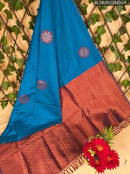 Beautiful Blue and Brown Semi Soft Silk Saree with Floral Motifs and Elegant Border
