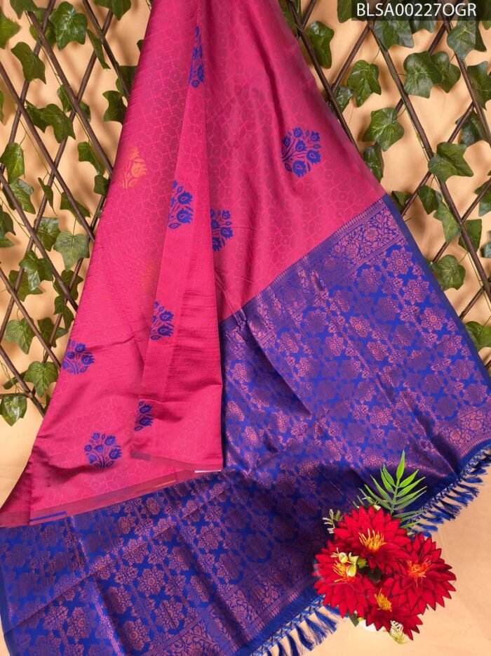 Vibrant Pink and Blue Semi Soft Silk Saree with Intricate Motifs and Rich Border - Image 1