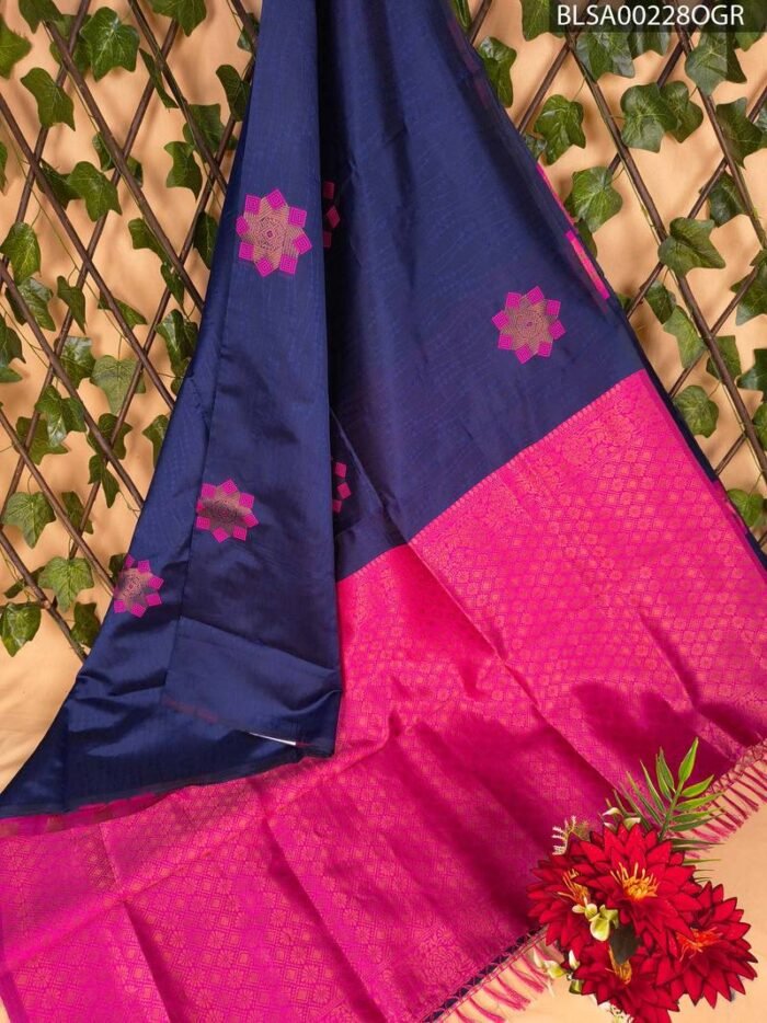Navy Blue and Pink Designer Semi Soft Silk Saree with Beautiful Motifs and Rich Pallu - Image 1