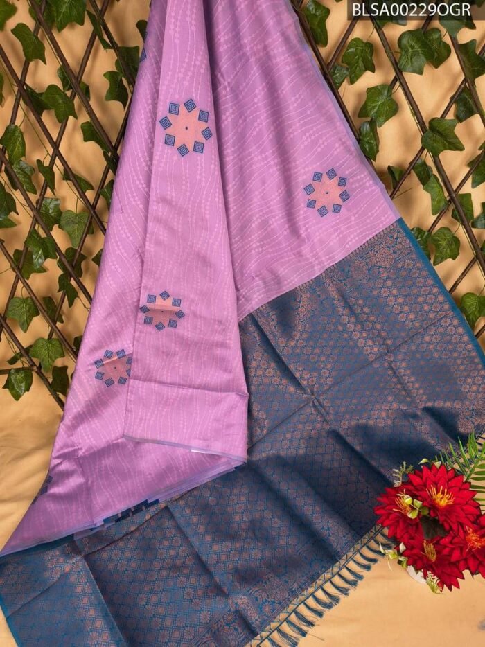 Beautiful Lavender and Blue Semi Soft Silk Saree with Unique Geometric Patterns - Image 1